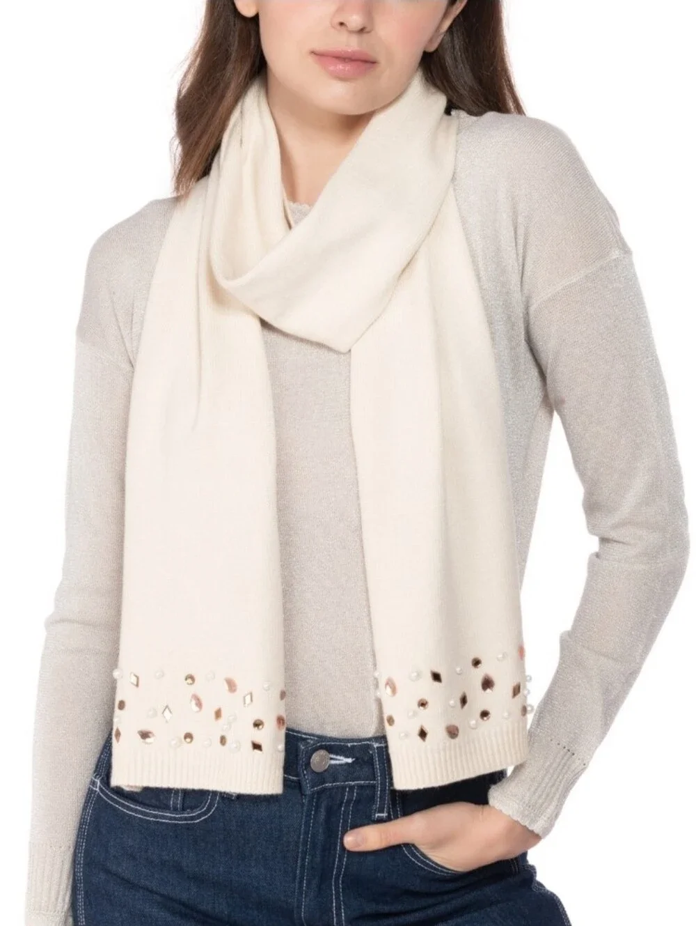 INC Women’s Cream Embellished Knit Scarf. NWT Gifts Fall Winter Cozy